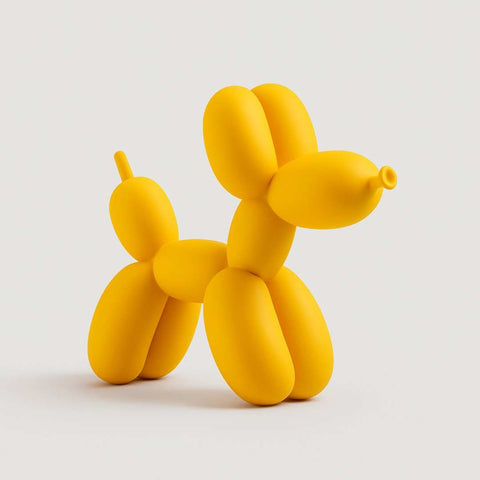 A vibrant yellow balloon dog sculpture with smooth glossy material and classic twisted design in 15 colors