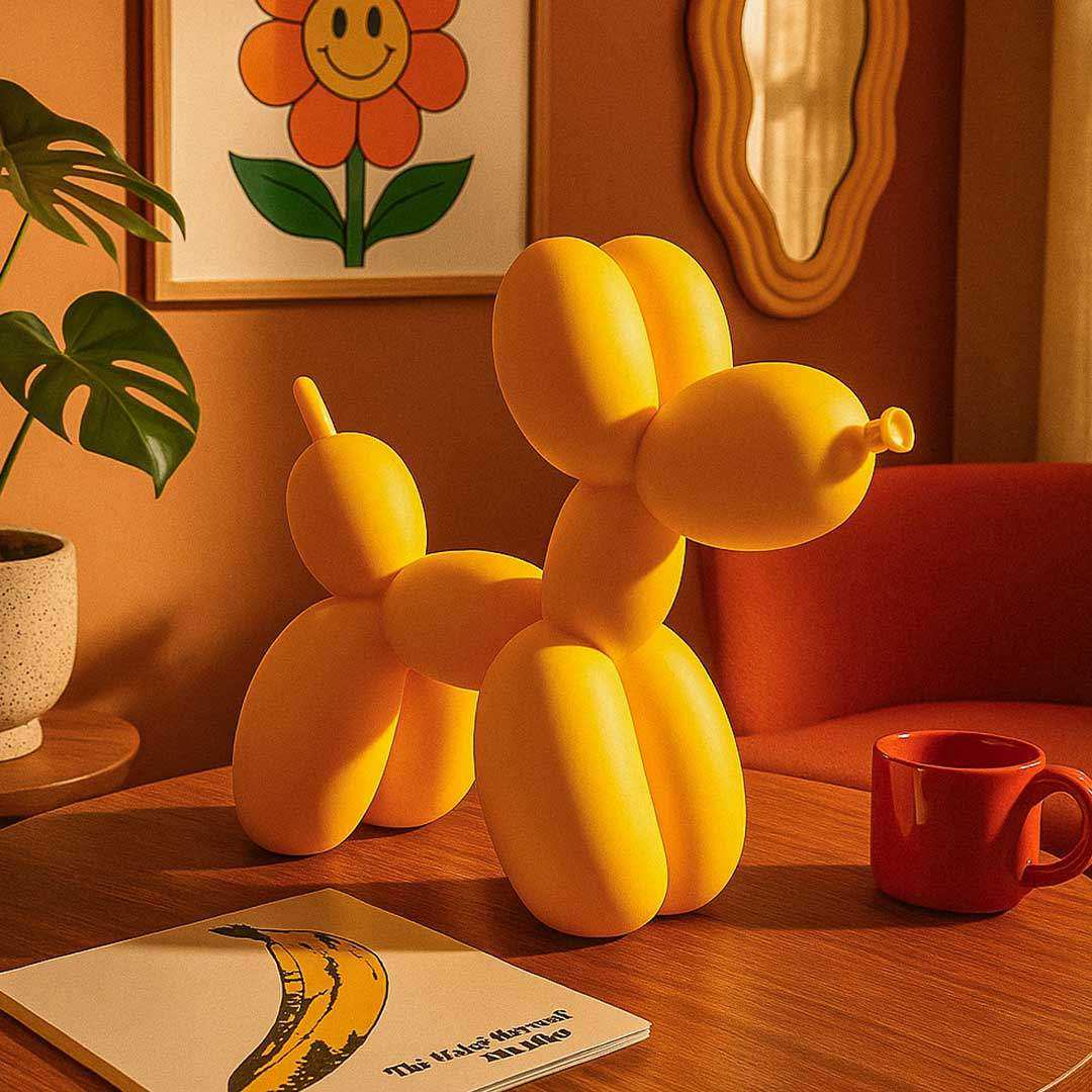A vibrant yellow balloon dog sculpture made of smooth glossy plastic with a playful stylized design