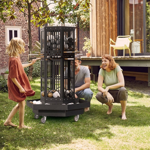 Black metal bocce ball toss balance game with wheels and hexagonal base featuring sleek color scheme balls balanced