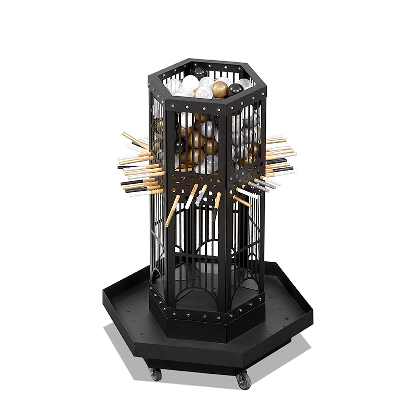 Black hexagonal metal drumstick and ball storage cart on wheels for balls balanced in balance game color scheme