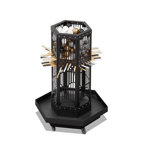 Black hexagonal metal drumstick and ball storage cart on wheels for balls balanced in balance game color scheme