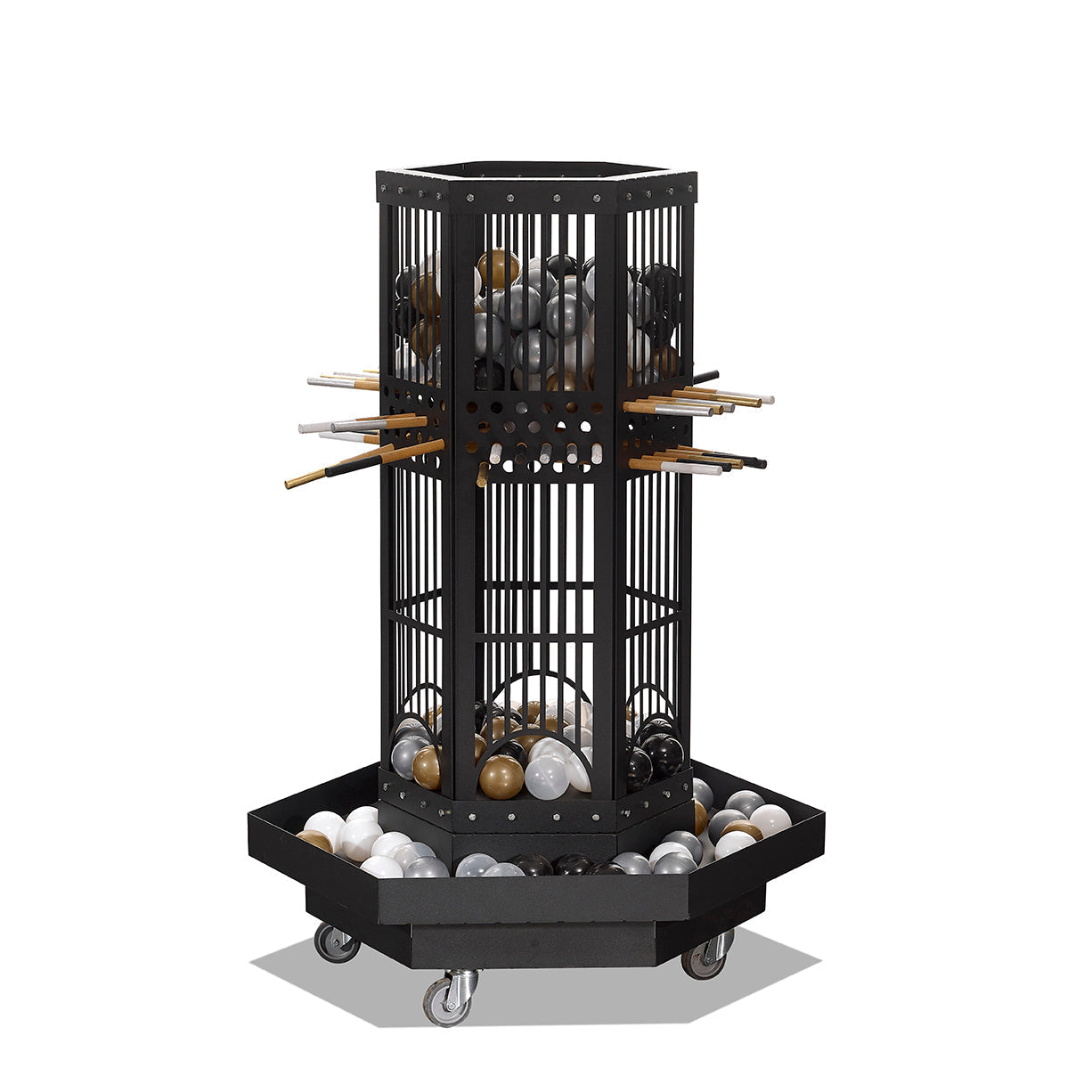 Black metal pool ball dispenser with wheels and hexagonal cage holds white black and gold balls for balance game