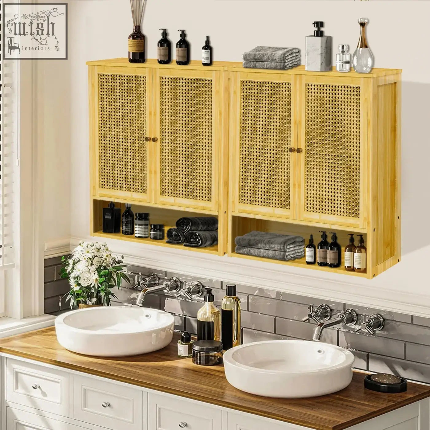 Light wood solid wood wall cabinet with woven cane doors and open shelves for kitchen storage or bathroom use