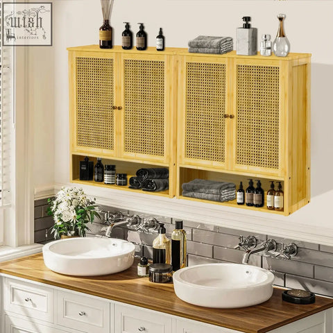 Light wood solid wood wall cabinet with woven cane doors and open shelves for kitchen storage or bathroom use