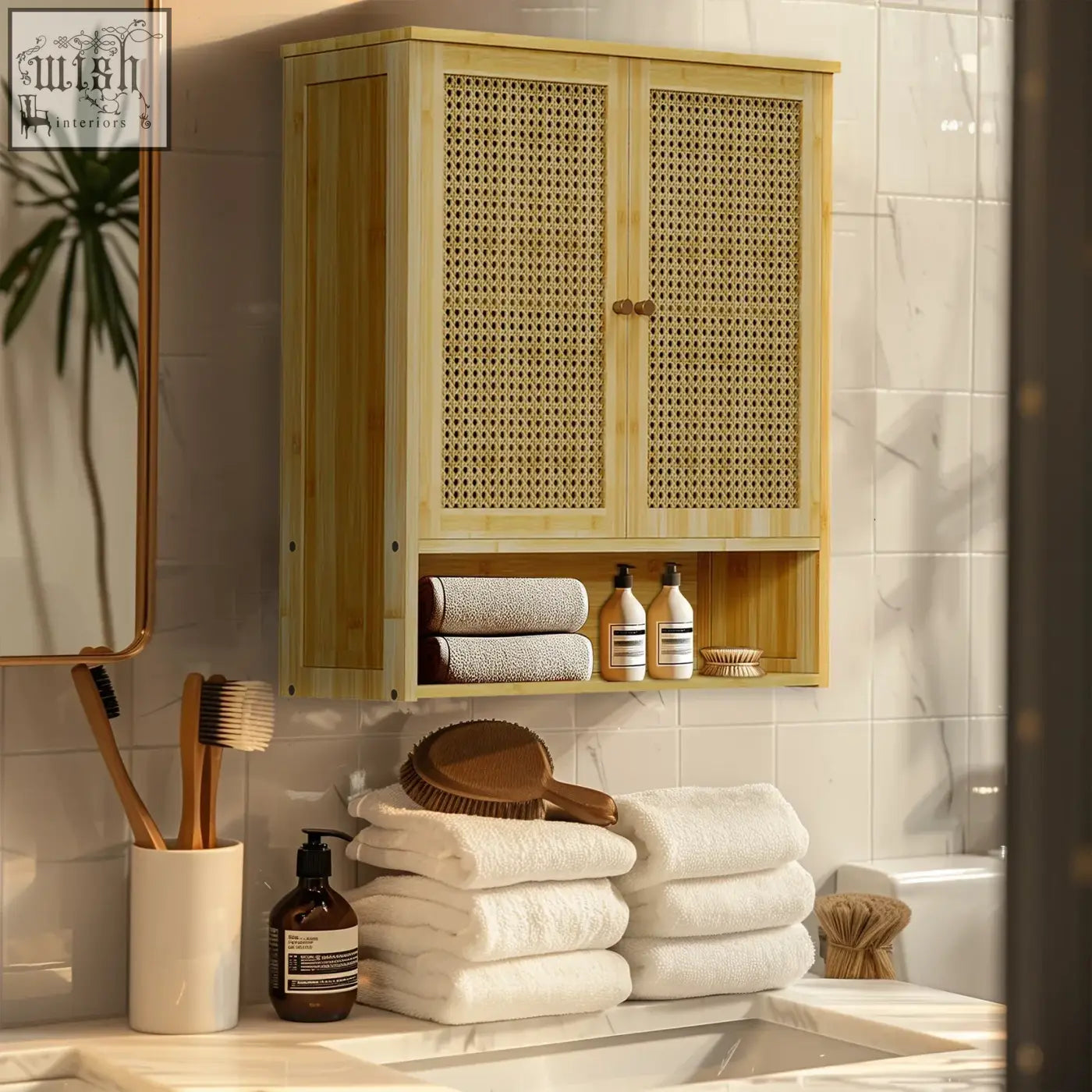 Light wood finished solid wood wall cabinet with woven cane doors and open shelf for kitchen storage or bathroom use