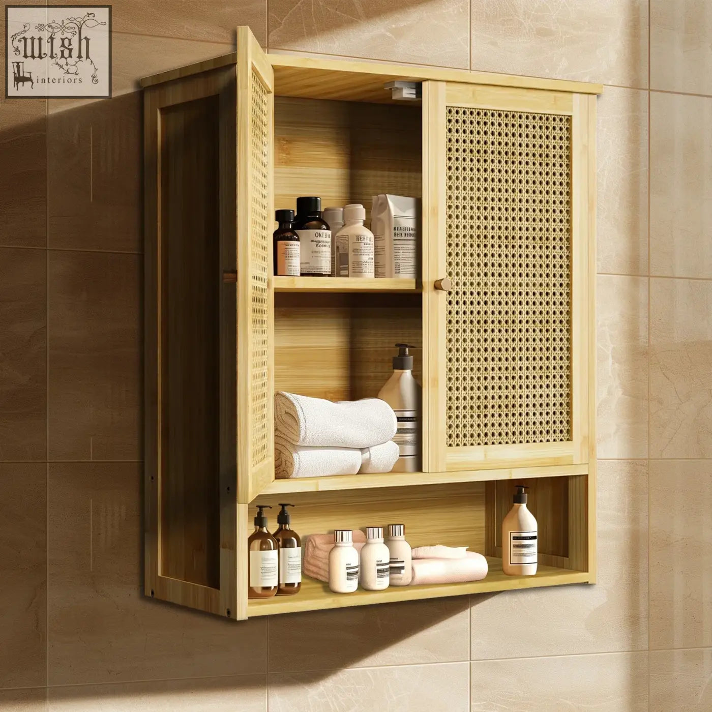 Light wood solid wood wall cabinet with woven cane doors and open shelving for kitchen storage or bathroom use