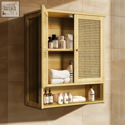 Light wood solid wood wall cabinet with woven cane doors and open shelving for kitchen storage or bathroom use