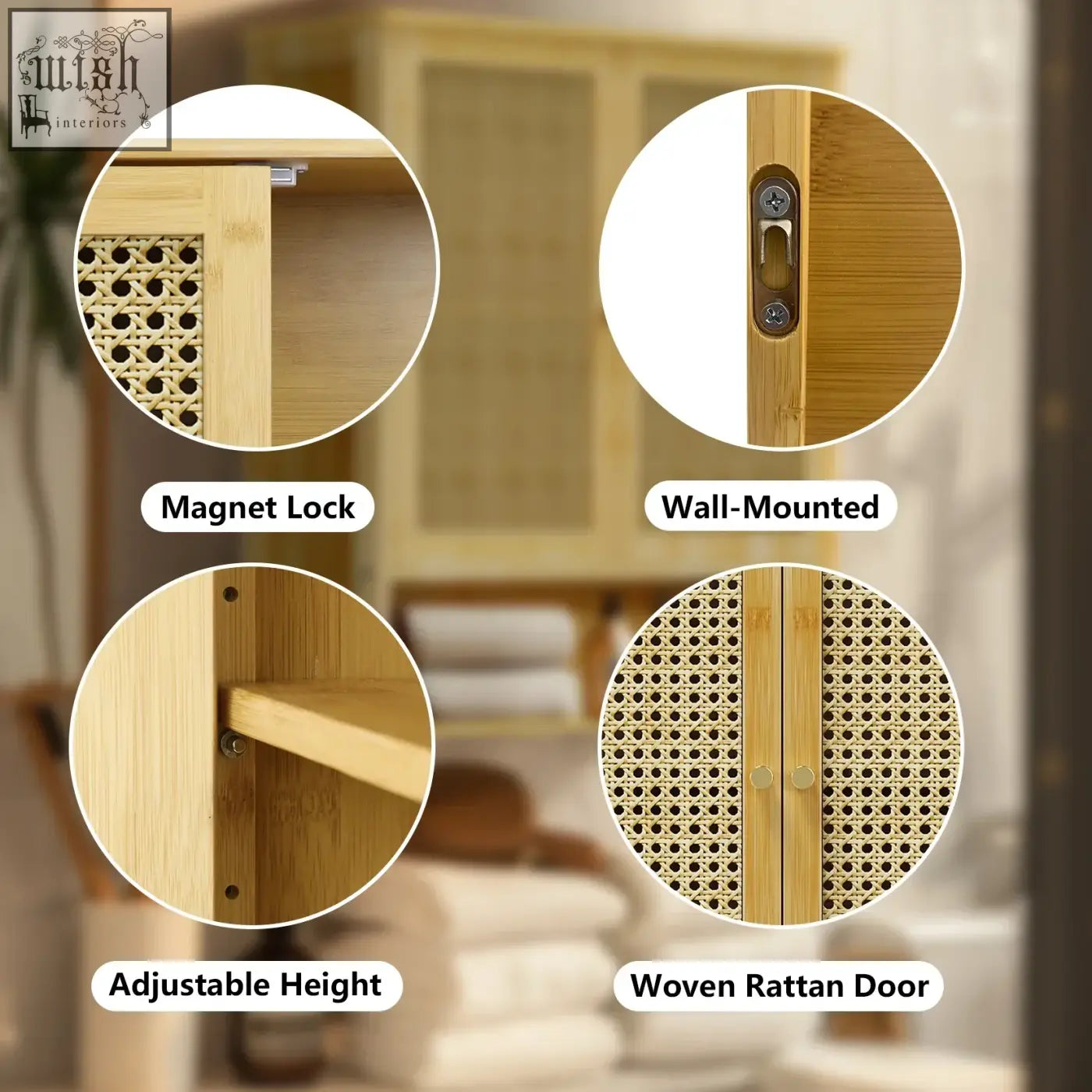 Light brown solid wood bamboo wall cabinet with woven rattan doors and magnet lock for kitchen storage