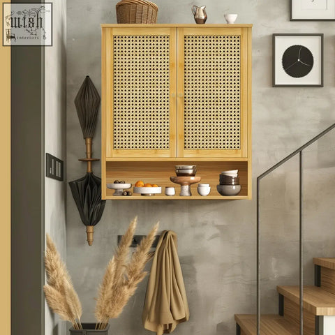 Light wood solid wood wall cabinet with cane weave doors and open shelf for kitchen storage or bathroom use