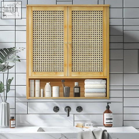 Light wood solid wood wall cabinet with woven cane doors and open shelf for bathroom or kitchen storage