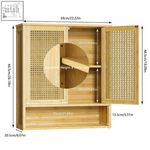 Light brown solid wood wall cabinet with woven cane doors and adjustable shelf for kitchen storage or bathroom use