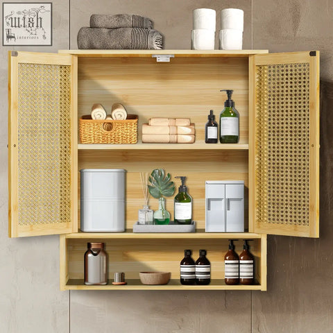 Light wood bamboo wall cabinet with woven cane doors solid wood shelves for kitchen storage and bathroom use