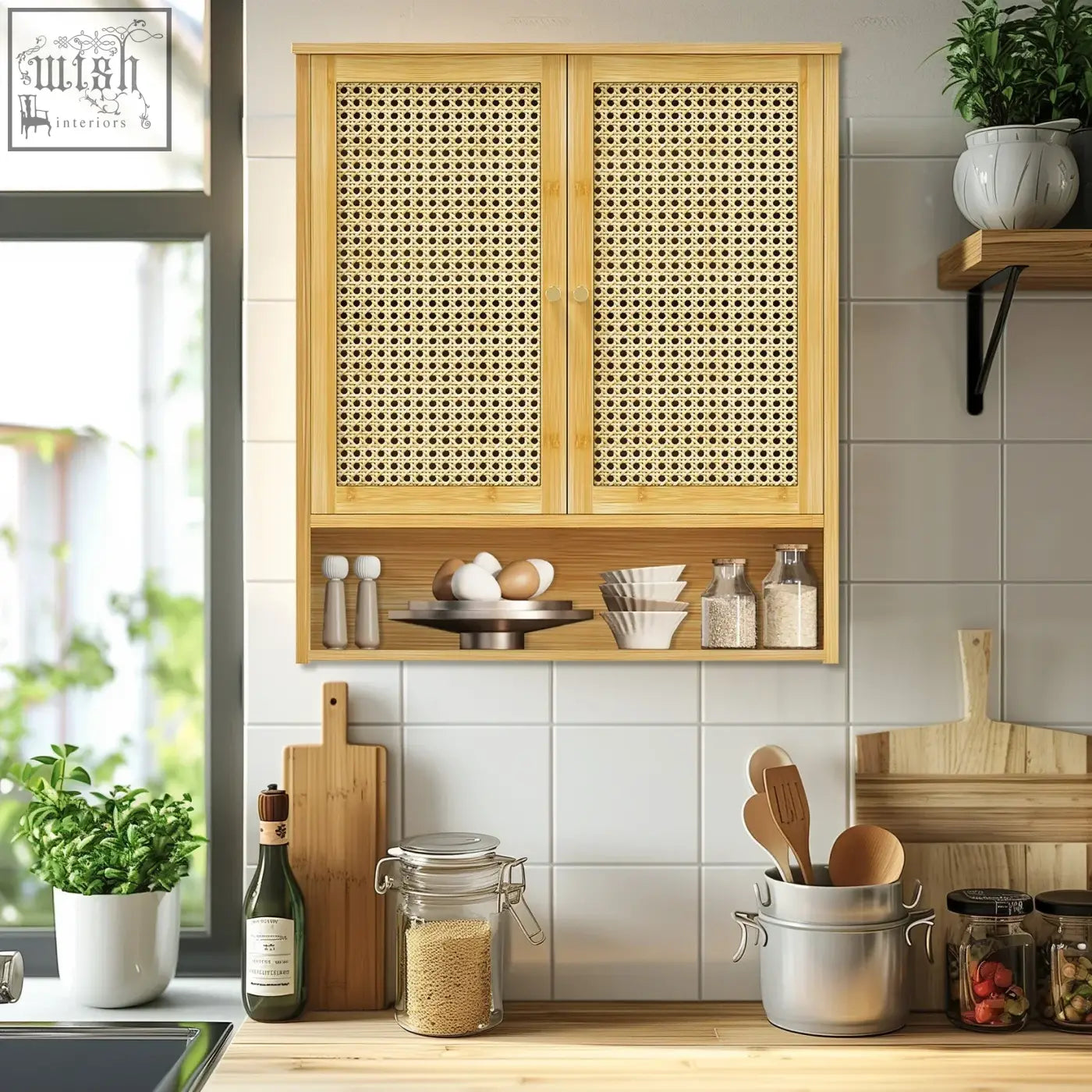 Light wood solid wood wall cabinet with cane pattern open shelving and glass jars for kitchen storage