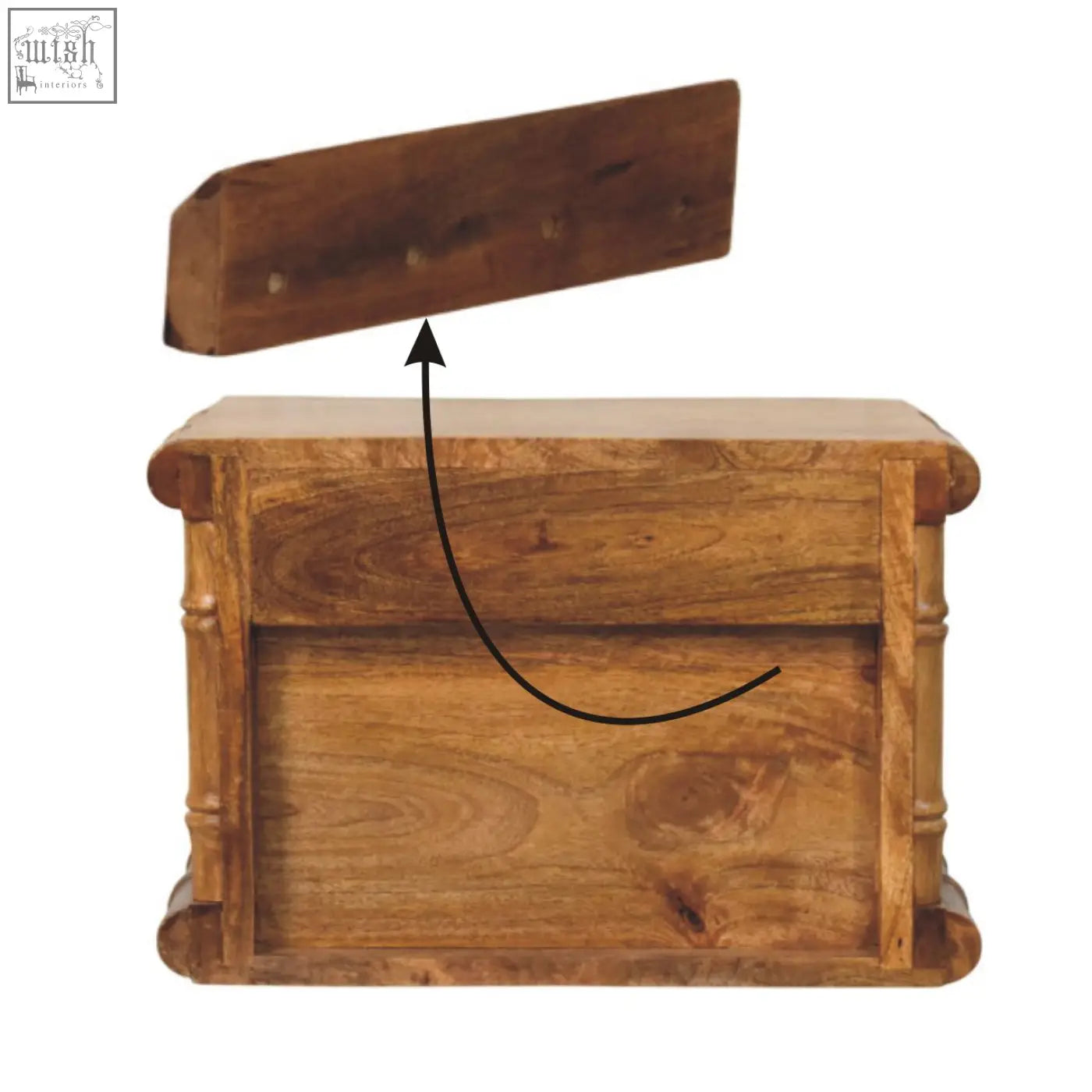 A rustic wooden bamboo bedside chest with hinged lid in warm amber oak finish showing natural wood grain