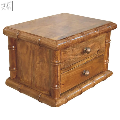 Bamboo bedside nightstand in amber oak finish with two drawers and brass knobs for stylish bedroom storage