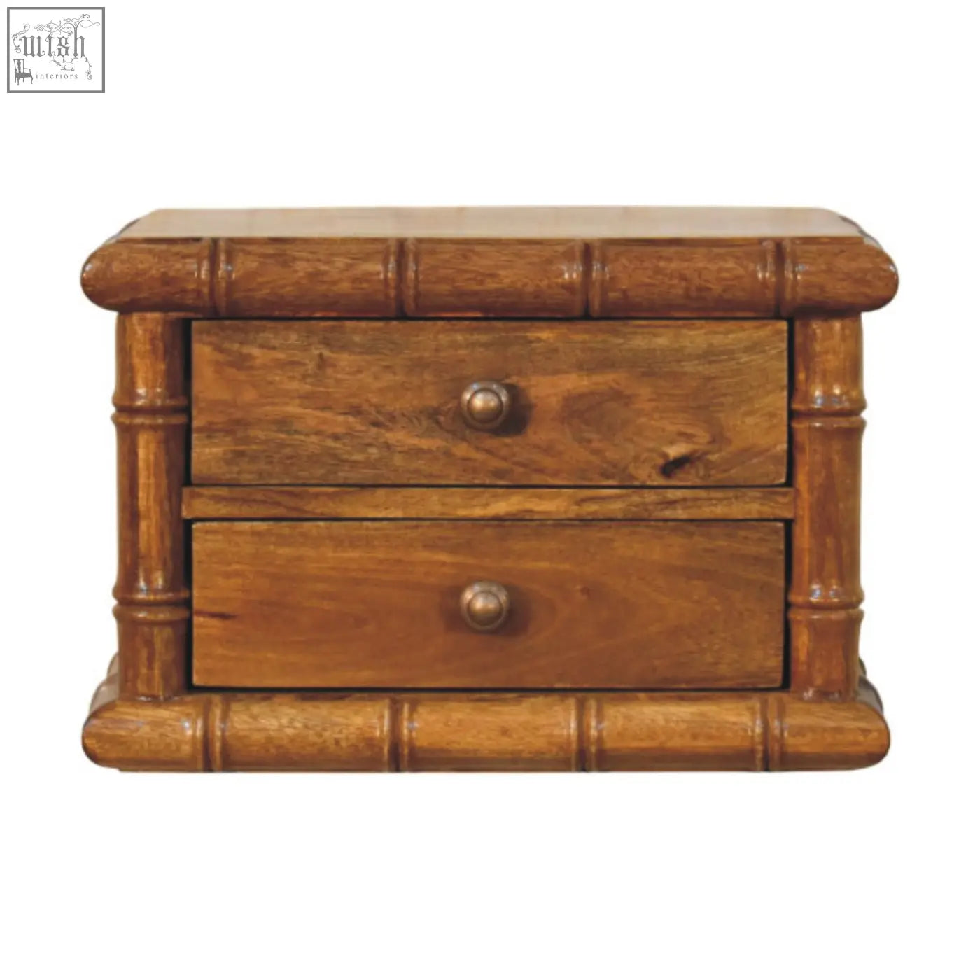 Bamboo-themed wooden jewelry box with two drawers and brass knobs in amber oak finish for bedside use