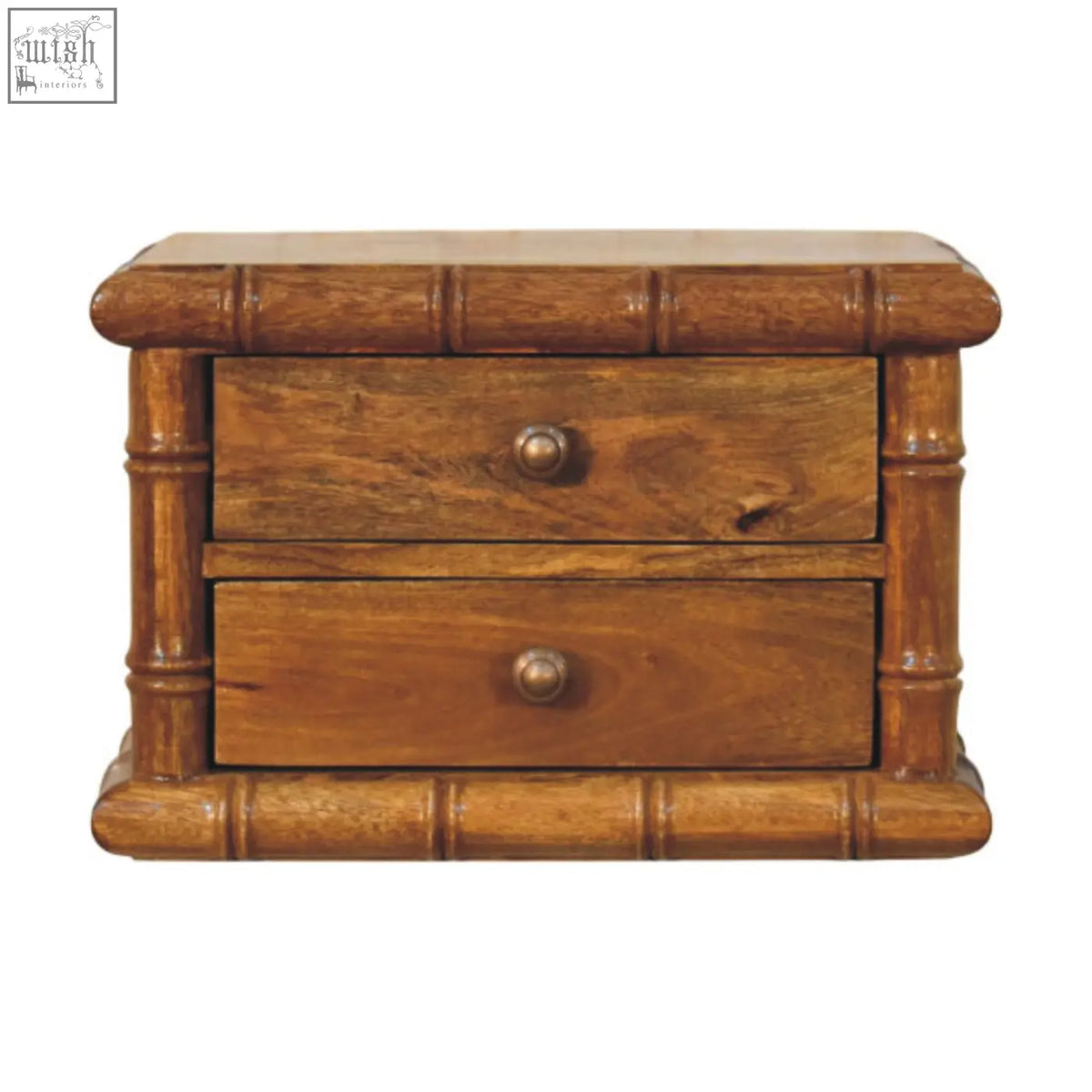 Bamboo-themed wooden jewelry box with two drawers and brass knobs in amber oak finish for bedside use