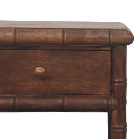 Bamboo carved bedside table with solid mango wood, single drawer, brass knob, and open shelf in bamboo finish