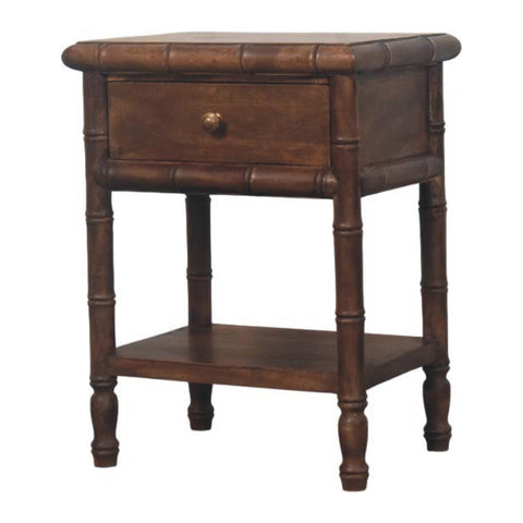 Dark brown bamboo style solid mango wood bedside table with single drawer and open lower shelf for storage