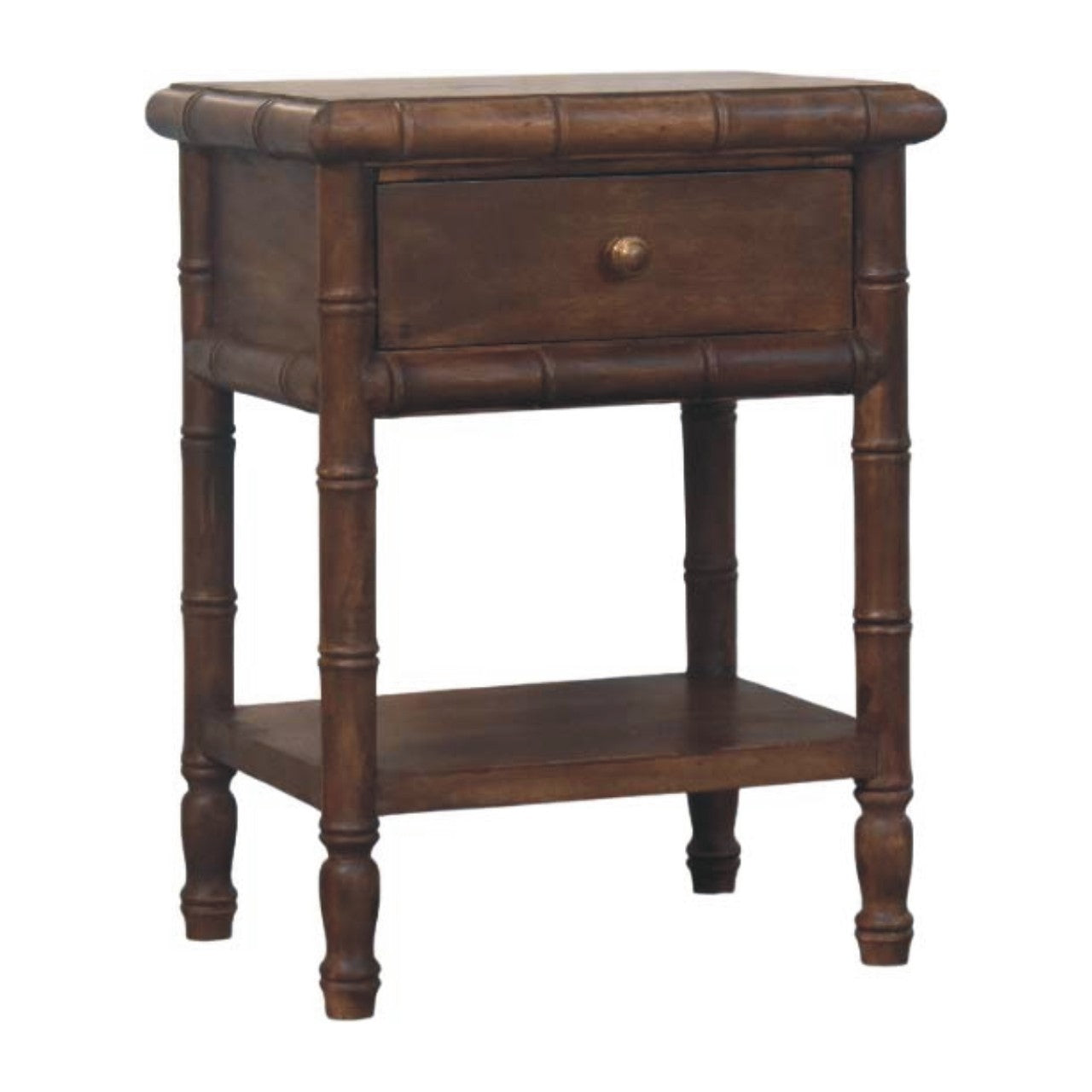Dark brown bamboo style bedside table with single drawer and shelf made of solid mango wood and brass accents