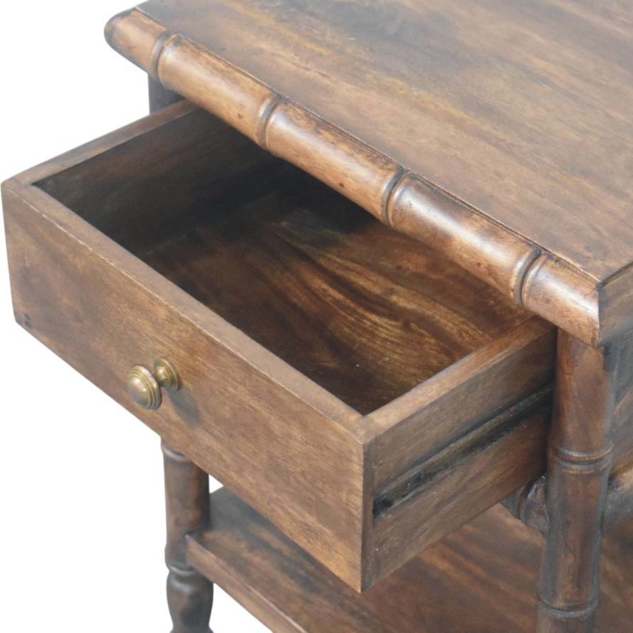 Dark brown solid mango wood bedside table with bamboo-style legs and brass knob drawer for stylish storage