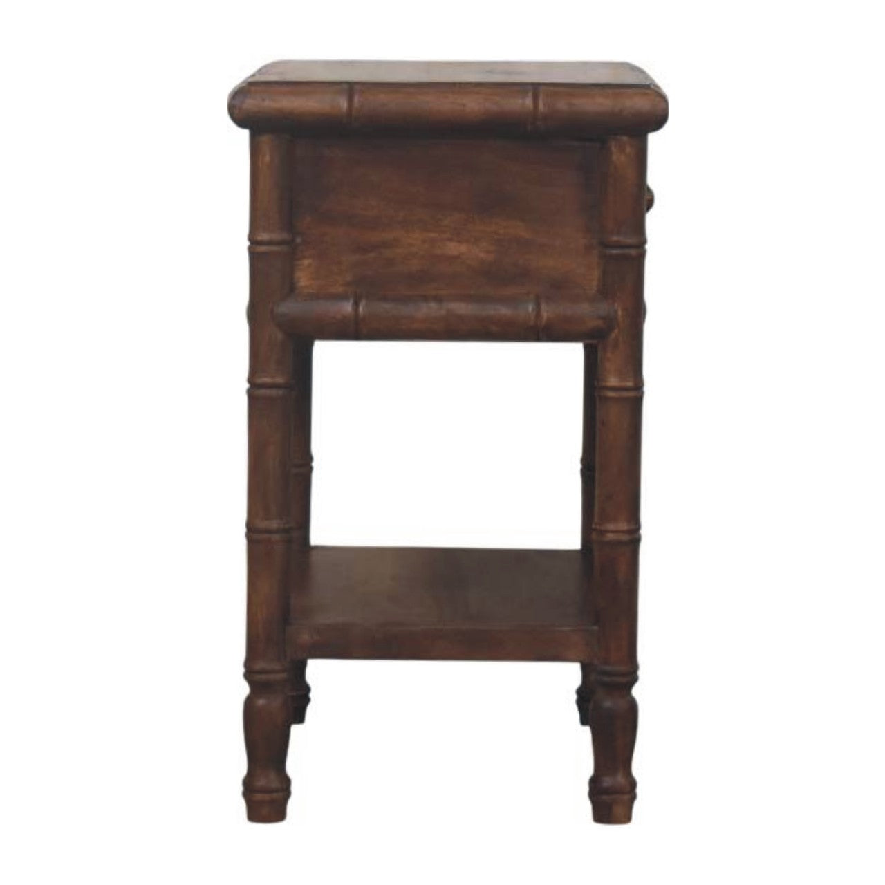 Dark brown solid mango wood bedside table with bamboo style single drawer and open lower shelf for bedroom use