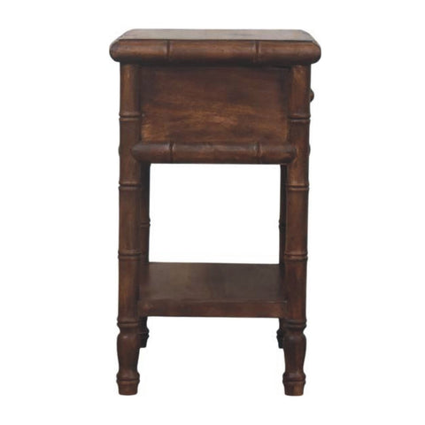 Dark brown solid mango wood bedside table with bamboo style single drawer and open lower shelf for bedroom use