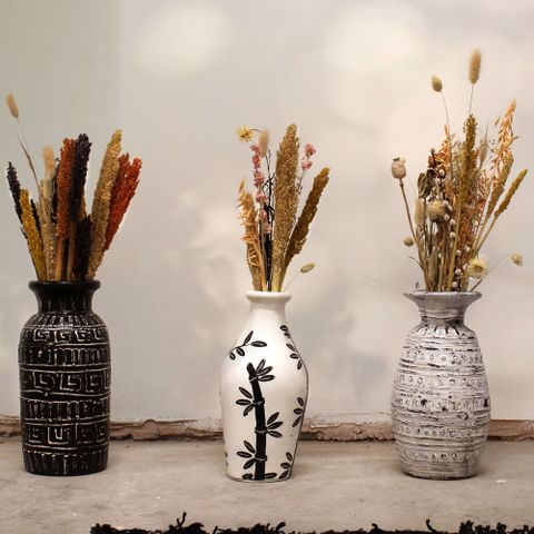 Three lombok ceramic vases featuring a black geometric design white bamboo motif and textured gray finish for dry flowers