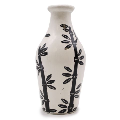 White ceramic vase with black bamboo leaf patterns perfect for dry flowers made from lombok ceramic vases