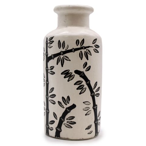 White ceramic bamboo motif straight vase with black leaf pattern perfect for dry flowers in lombok ceramic vases style
