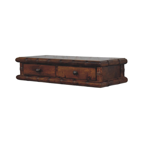 Dark brown bamboo console table with two drawers and black round knobs wall mounted wooden shelf