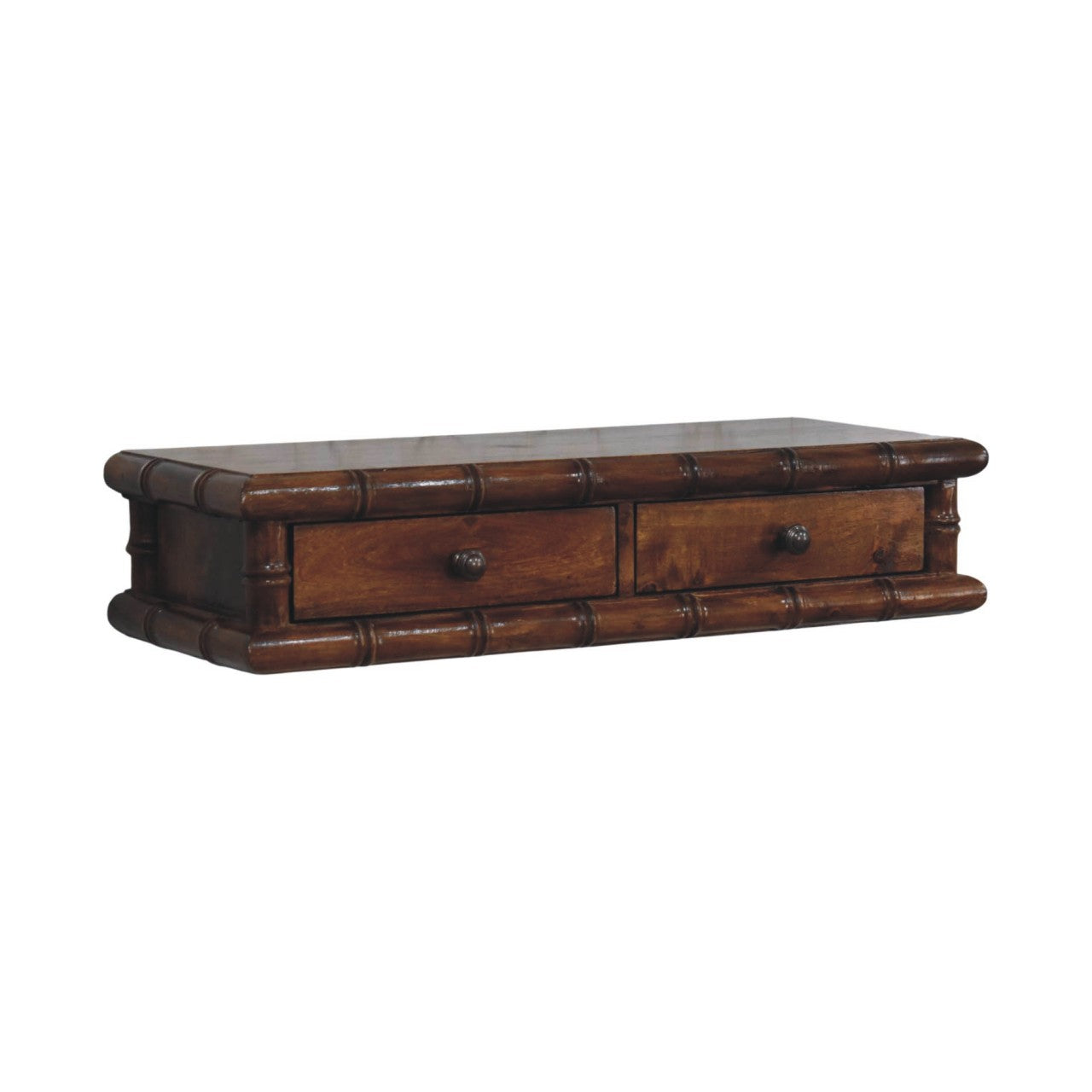 Dark brown bamboo two drawer console table with wooden wall-mounted shelf and black round drawer knobs