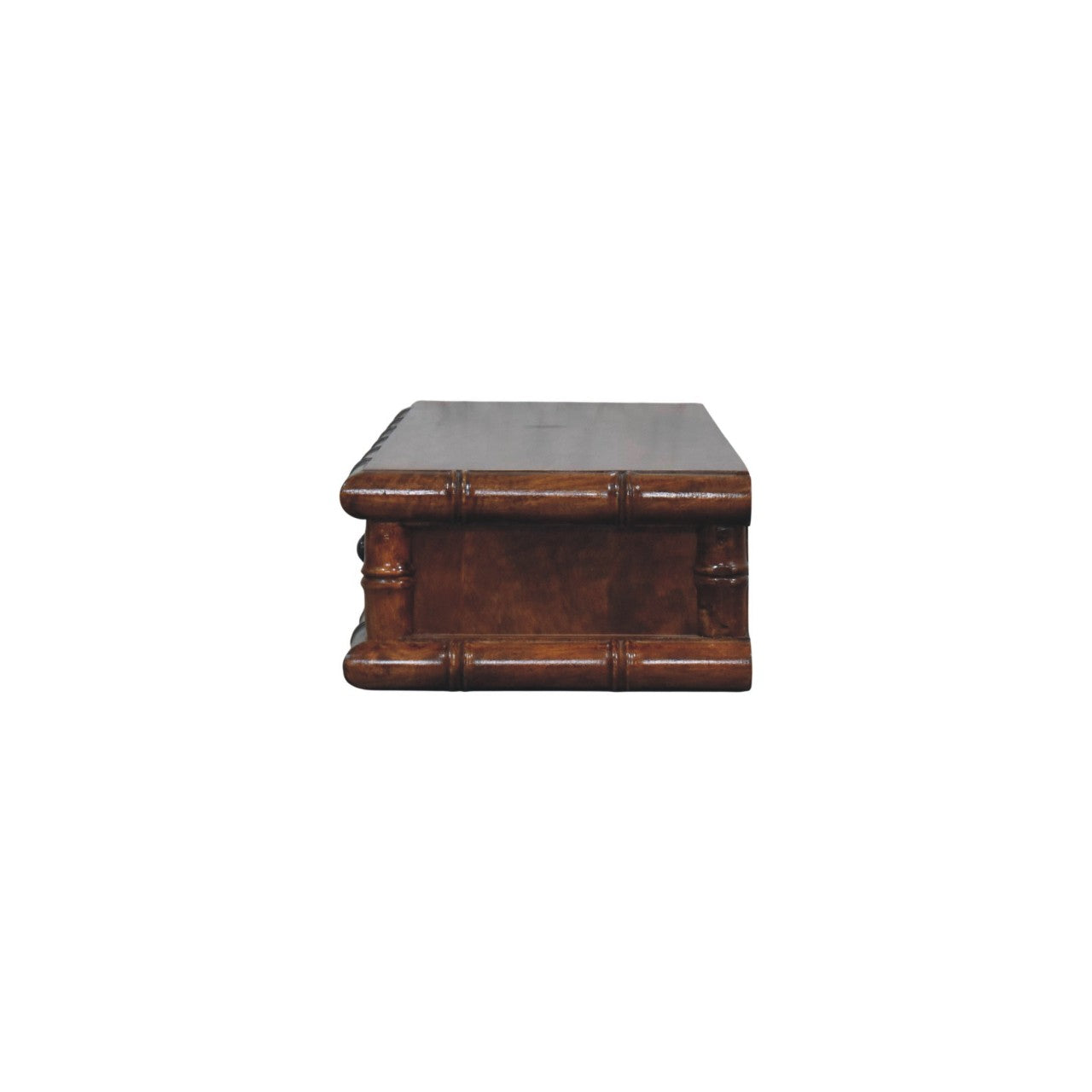 Dark brown wooden bamboo two drawer console table with rounded edges and bamboo-inspired design