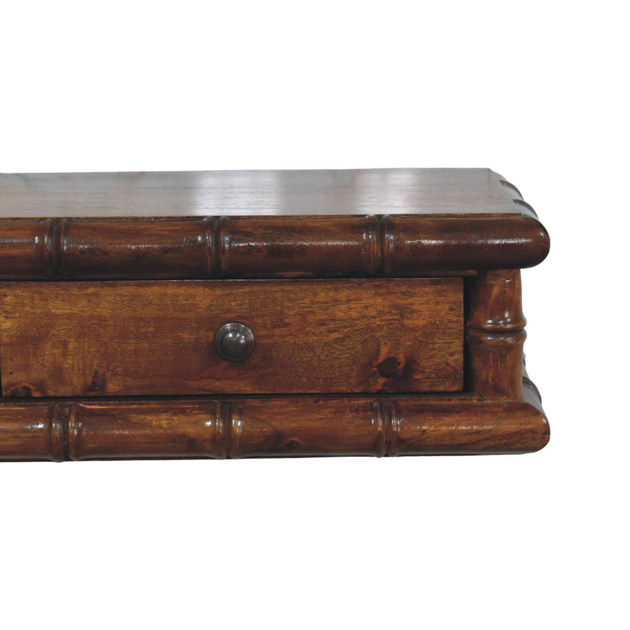 Rich brown bamboo-finish wooden console table with single drawer and dark metal knob ideal for entryways