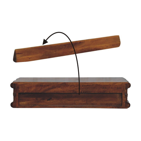 Rich brown wooden box with hinged lid showing natural wood grain on bamboo two drawer console table