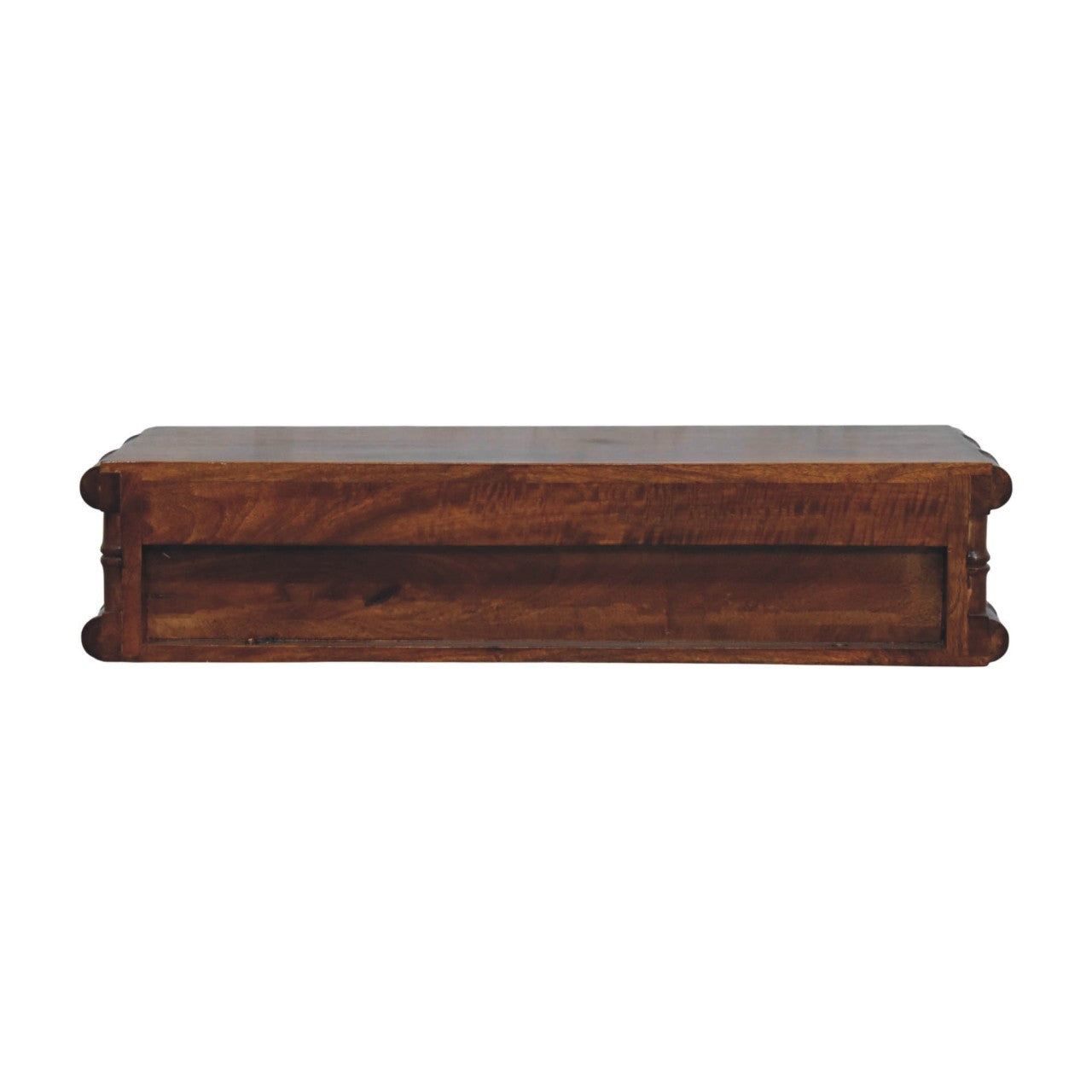 Rich mahogany wooden console table with smooth polished finish and elegant carved corners bamboo two drawer design