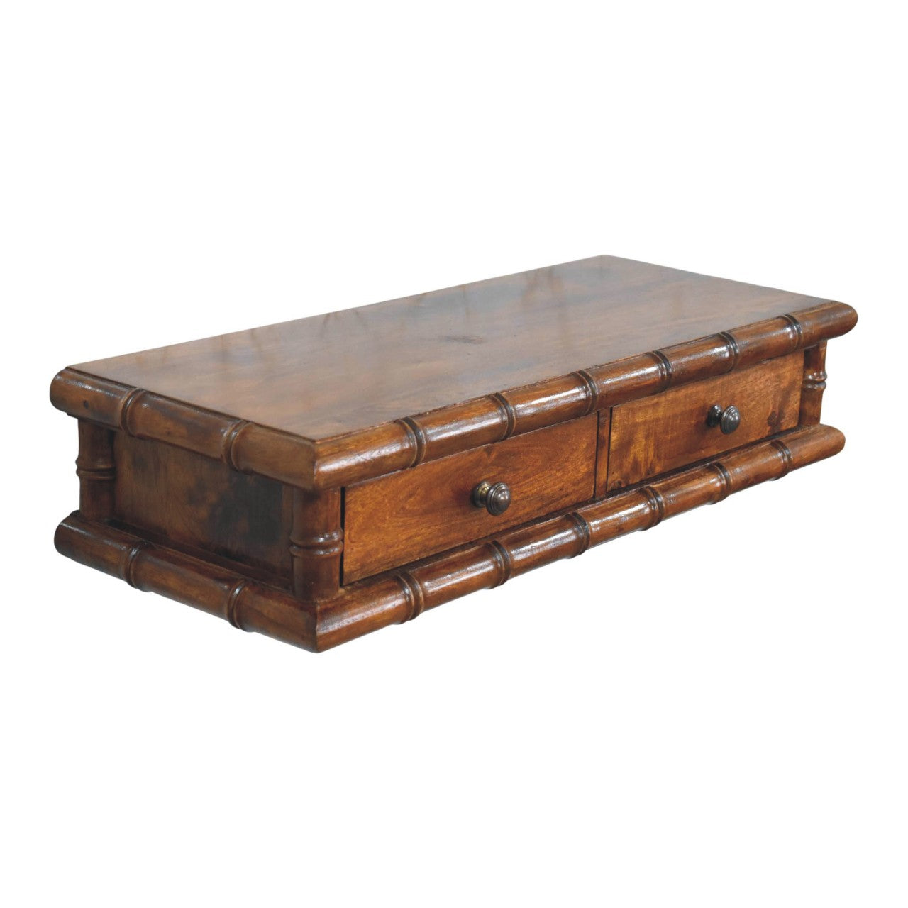 Bamboo two drawer console table with bamboo style wooden top and dark brown finish perfect for living rooms