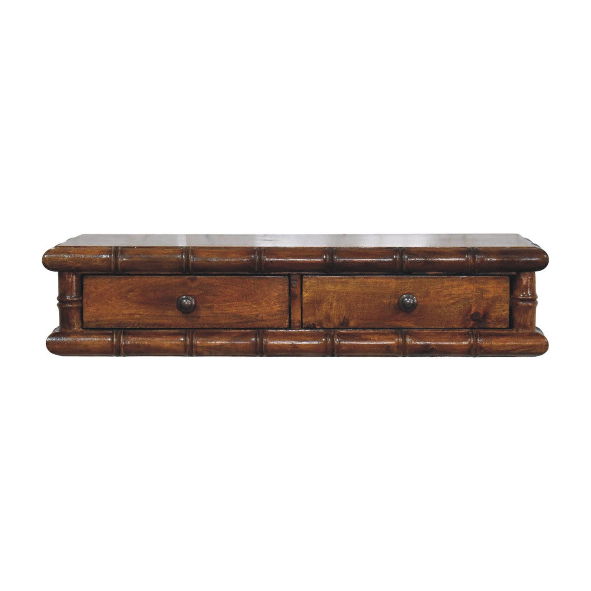 Bamboo two drawer console table with bamboo-style wooden design and dark bronze knob handles for wall mounting
