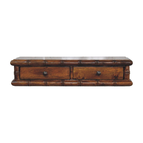 Bamboo two drawer console table with bamboo-style wooden design and dark bronze knob handles for wall mounting
