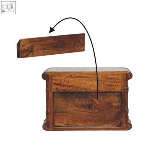 Bamboo wall-mounted bedside coat rack with rich warm wood tone rustic finish and four hooks for hanging clothes