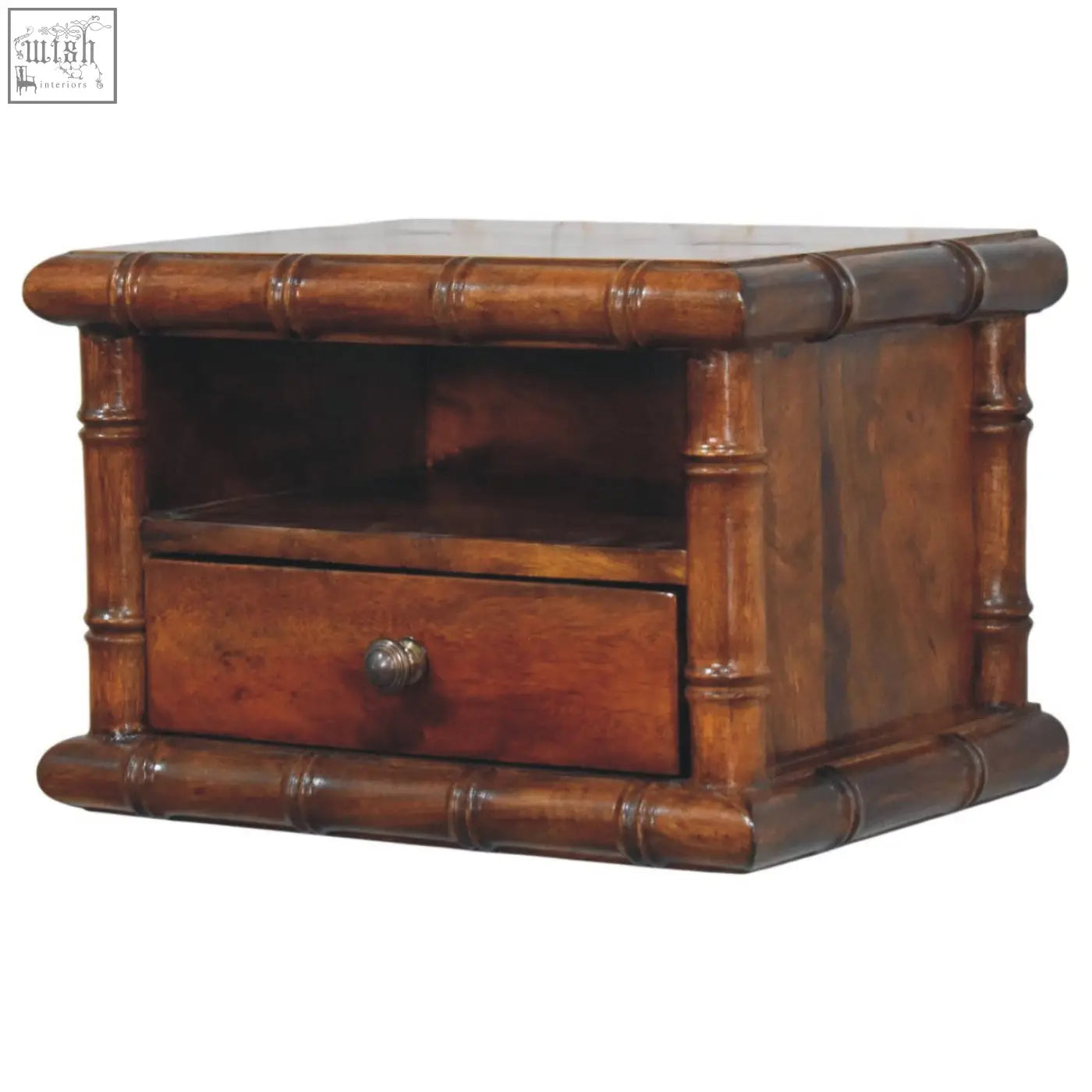 Bamboo wall-mounted bedside wooden end table with rich brown finish single drawer and open shelf for storage