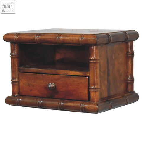 Bamboo wall-mounted bedside wooden end table with rich brown finish single drawer and open shelf for storage
