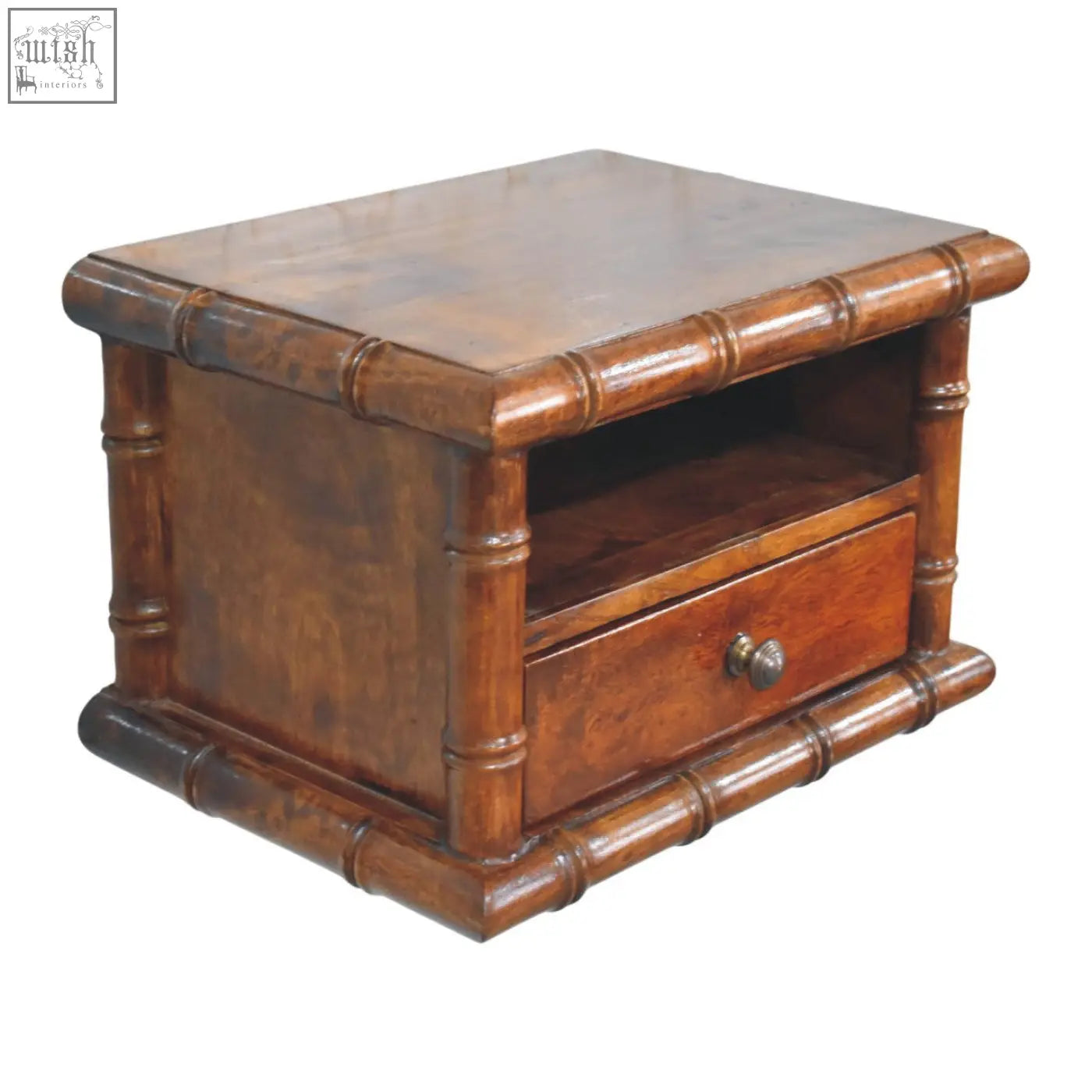 Bamboo wall-mounted bedside wooden end table with single drawer open shelf and warm amber finish