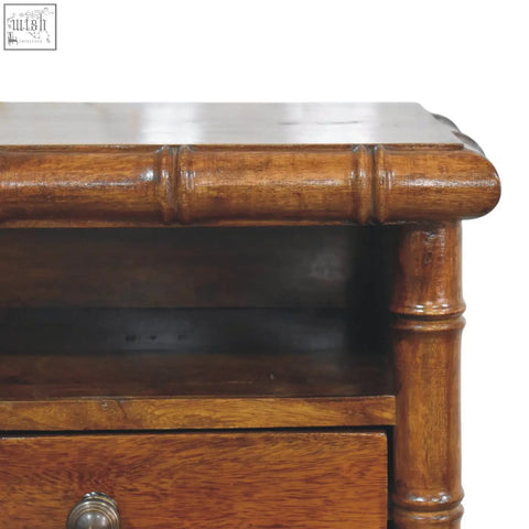 Bamboo wall-mounted bedside nightstand with bamboo-style wood, warm amber finish, and detailed turned legs