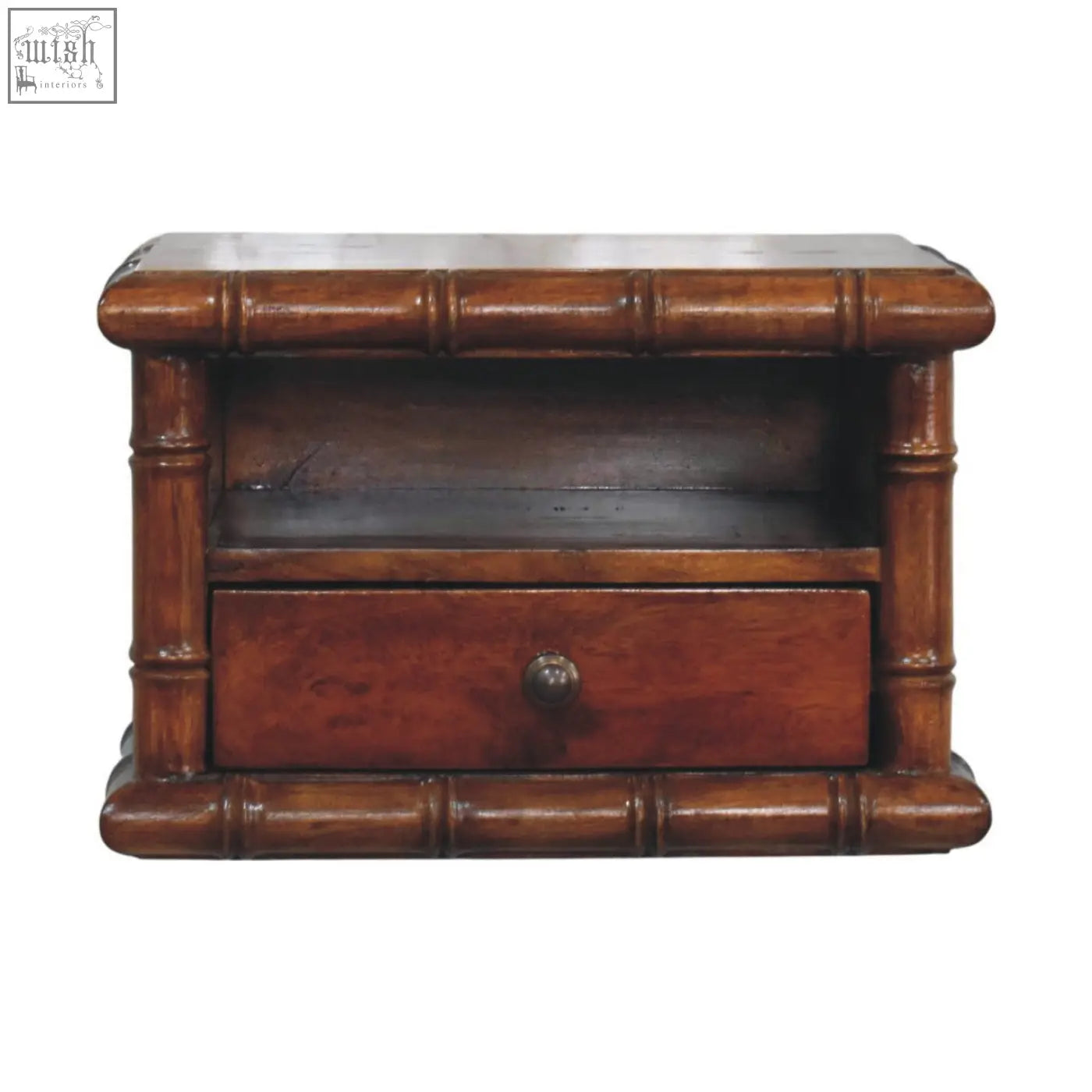 Bamboo wall-mounted bedside wooden nightstand with single drawer and open shelf in warm mahogany finish
