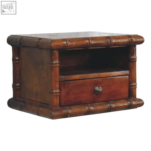 Bamboo wall-mounted bedside wooden nightstand with single drawer open shelf in rich brown finish