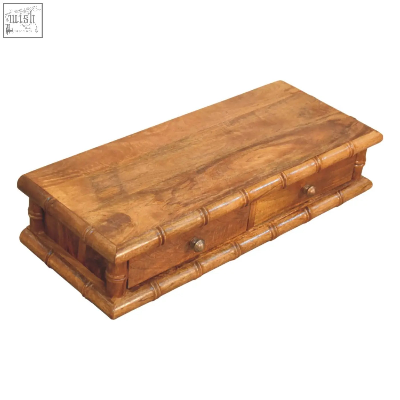 A rustic light brown wooden bamboo wall-mounted console with bamboo-inspired design and two drawers