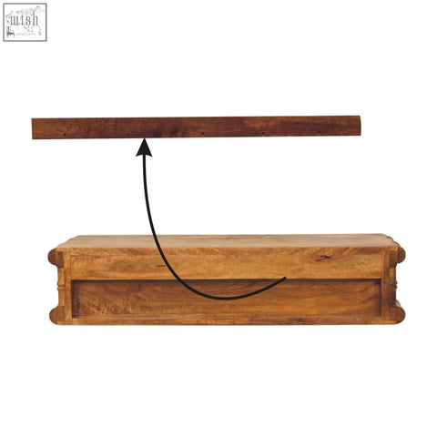 A rustic bamboo wall-mounted console with a warm brown finish and visible wood grain floating shelf