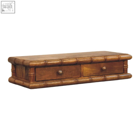Rustic wooden bamboo wall-mounted console table with two drawers amber finish and rounded segmented edges