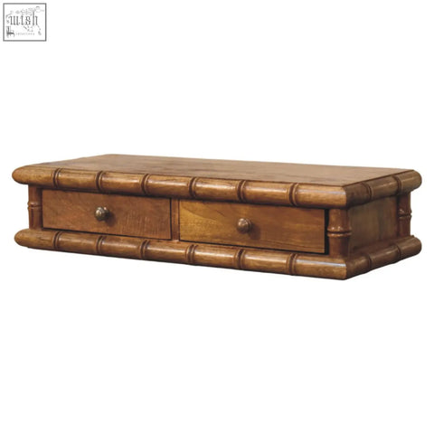 Bamboo wall-mounted console wooden coffee table with two drawers and round metal knobs in natural finish